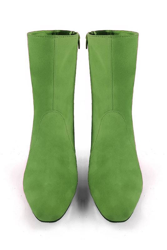 Grass green women's ankle boots with a zip on the inside. Square toe. Medium block heels. Top view - Florence KOOIJMAN